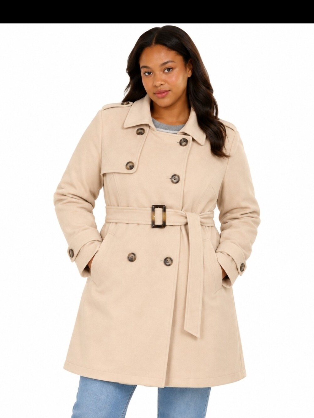 Allegra K Women's Notched Lapel Double Breasted Faux Suede Trenchcoat Apricot